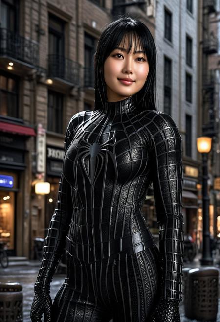 score_9, score_8_up, score_7_up, best quality, realistic, masterpiece, beautiful detail, hyperrealistic, cafe, ((1girl, woman body, huge breasts)), amazing detailed full body portrait of a beautiful japanese girl, wearing a realistic and highly detailed black raimi spider-man suit, ((huge muscular girl)), professional model wears ultra - detailed black raimi spider - man suit, ultra - detailed and grained black raimi spiderman suit, suit covered entire body and hand, black spiderman gloves, wet, (full body), (chilling pose), smile, black hair, octane render, highly detailed, volumetric, dramatic lighting, (highest quality:1.1), (HDR:1.3), (top quality, best quality), realistic, high definition, Expressionism - sharp focus, professional photography, masterpiece, ultra detailed photograph, high quality, 8k,