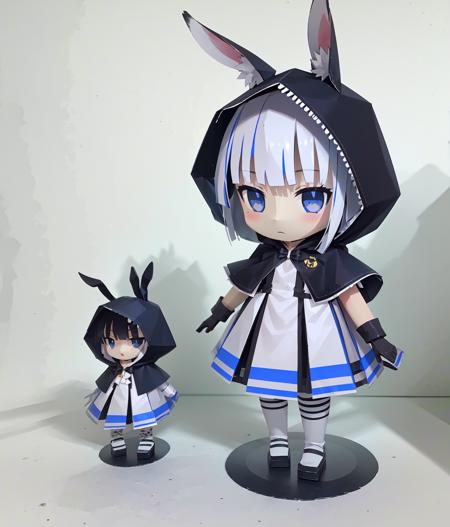 (Highest picture quality),(Master's work), papercraft, 1girl, chibi,Simple background,((White background:1.2)),animal ears, rabbit ears, gloves, long hair, dress, capelet, black gloves, simple background, pantyhose, grey background, full body, white hair, white dress, striped, blue eyes, long sleeves, standing, bangs, blush, shoes, hood, mary janes, closed mouth, bow, black pantyhose, looking at viewer, black footwear, striped pantyhose, shadow, hood down,full body,