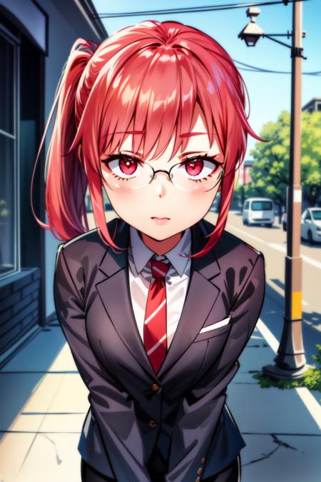 (best quality:1.2), 1girl, (masterpiece:1.2), raytracing, cute face, perfect face, ultra detailed,detailed face, 8k wallpaper, (wide hips:0.8), <lora:more_details:0.5>, KobayashiDragonMaid_NDV, 1girl, red hair, small breasts, ponytail, red eyes, white shirt, tie, black pants, <lora:KobayashiDragonMaid_NDV:0.7>, outdoor, glasses, bussines suit