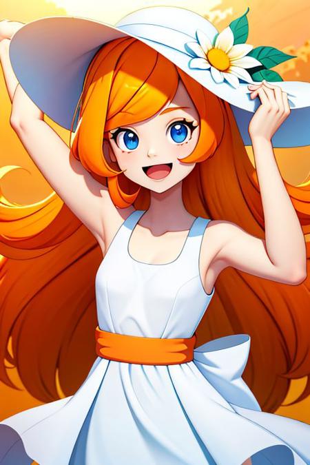 1girl, long hair, blue eyes, solo, orange hair, smile, dress, labcoat, red dress 1girl, blue eyes, solo, orange hair, smile, dress, long hair, smile, open mouth, hat, dress, bow, ribbon, upper body, flower,  outdoors, sleeveless, white dress, , sleeveless dress, white flower, sun hat, hat flower, sundress