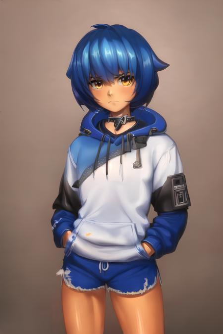 1girl, <lora:mana5:0.95>, short hair, blue hair, orange eyes, cowboy shot, dolphin shorts, frown, hands in pockets, hood, hooded sweater, hoodie, shiny skin, short shorts, shorts, solo, sweater