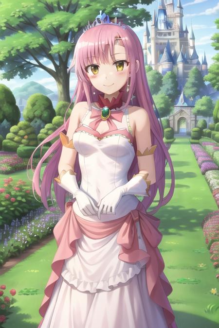 masterpiece, best quality, hinagiku katsura, dress, princess, princess dress, blue dress, royal dress, tiara, garden, colorful garden, castle, day, smile, white gloves,  pink hair, yellow eyes, hair ornament, hairclip, <lora:HinagikuV2:0.7>