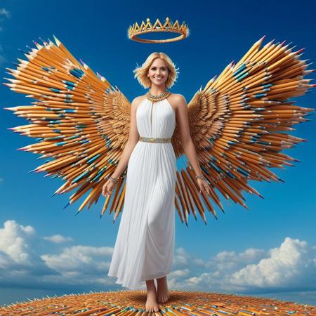Pencil_morph_style, a woman, blonde hair, white wings, barefoot, solo, angel, jewelry, white dress made of pencils, anklet, angel, wings made of pencils, short hair, full body, bare shoulders, looking at viewer, clouds background, feathered wings made of pencils, toes, blue eyes, feet, bracelet, braid, smile, gem,sleeveless, armlet, crown made of pencils, closed mouth, realistic, photorealistic, lips, pants, flying, bracer, floating, toe ring, necklace, clouds