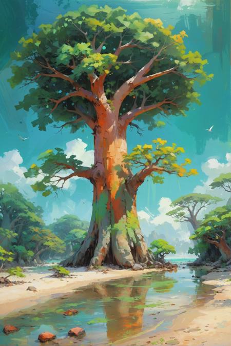 stylized by Krenz Cushart, lush beach with Baobab, landscape of a (Deciduous Forest:1.1) , it is Airy, Snowy, Neo-Dadaism Art, Hypersaturated, under water