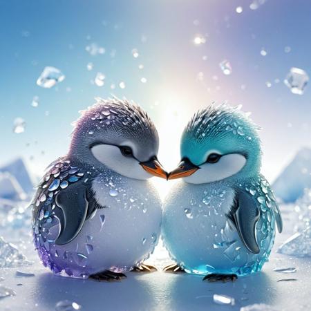 two adorable chibi penguins hugging on the ice, 
snowy icy artic background, 
Broken Glass effect, 
no background, 
stunning, 
something that even doesn't exist, 
mythical being, 
energy, 
molecular, 
textures, 
iridescent and luminescent scales, 
breathtaking beauty, 
pure perfection, 
divine presence, 
unforgettable, 
impressive, 
breathtaking beauty, 
Volumetric light, 
auras, 
rays, 
vivid colors reflects