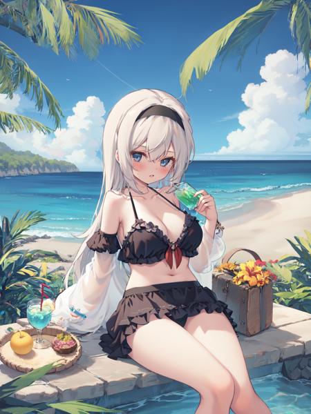 1girl, solo, breasts, swimsuit, bikini, outdoors, blue eyes, cleavage, tropical drink, looking at viewer, o-ring, day, sitting, black bikini, beach, ocean, large breasts, drinking straw, flower, bare shoulders, hairband, cup, o-ring bikini, holding, frills, see-through, white hair, thighs, drink, sky, bangs, cloud, collarbone, long sleeves, hibiscus, holding cup, sidelocks, frilled bikini, blue sky, long hair, parted lips, detached sleeves, tree, halterneck, hair between eyes, black hairband, skirt, drinking glass, blush, o-ring top