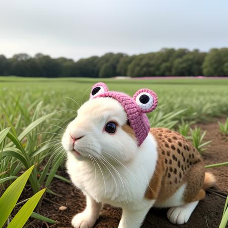 <lora:green_ois_hat:1.0>A rabbit wearing a pink ois  hat with pair frog  eyes BREAK  in a field of clover, in a botanical illustration style.