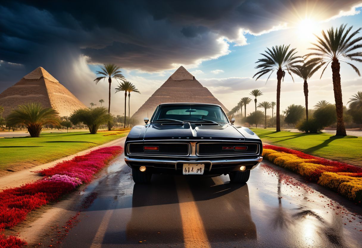 cinematic photo of dodge Charger 1968, magnificent three pyramids of Giza appear clearly, charm, highly detailed car, Professional lighting, full of life, Lively and energetic, 8K, rays of sun flow beyond heavy clouds, HDR, Fast & Furious movie, motion blur, moving tires, Cinematic Shot, Cinematic Lighting, amazing world, pure perfection, Need For Speed, wide angle exterior background, drifting, wet asphalt road, autumn leaves, grass, flowers, jasmine flowers, palm trees, nebula horizon.