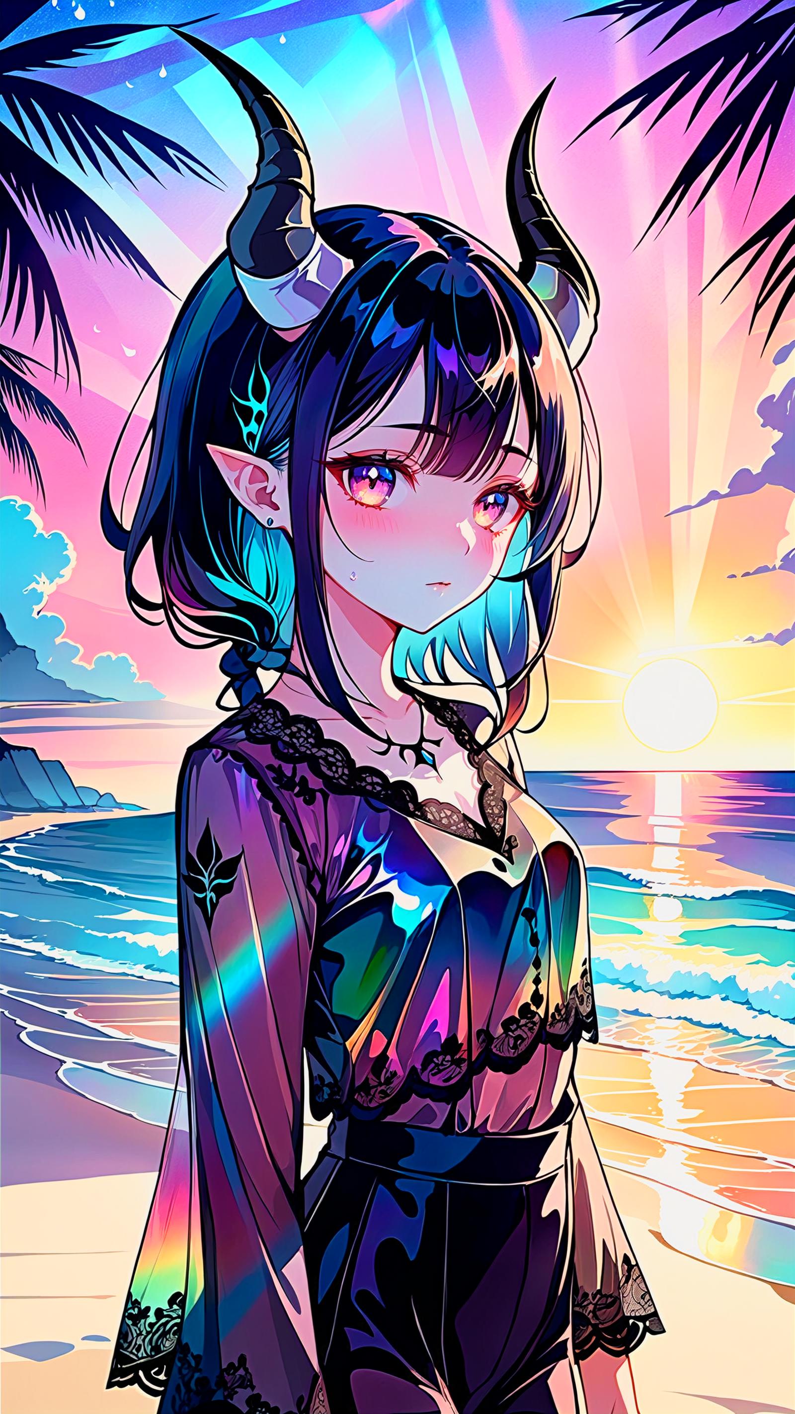 Anime girl with horns and a sunset in the background.
