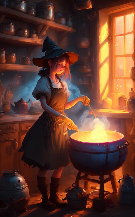 digital painting of a cute witch girl cooking potions in her rustic kitchen, huge bubbling pot, rack of glowing potions, magic, atmospheric lighting, soft focus