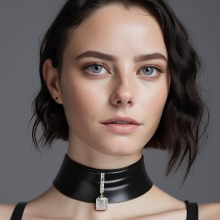 Portrait photo of a woman with wet-looking lips wearing a tight thin leather choker and lip-gloss, Nikon Z9, realistic matte skin, skin texture visible, (sharp focus), (high quality)