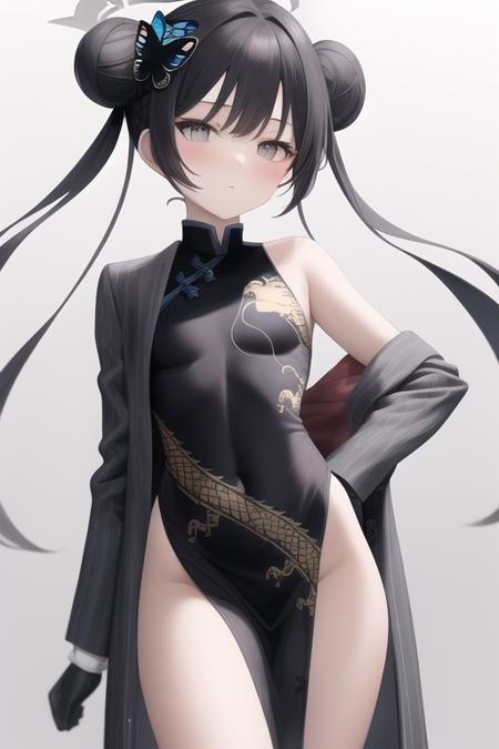 masterpiece, best quality, 1girl, solo, china dress, black hair, double bun, twintails, grey eyes, butterfly ornament, halo, small breasts, swimsuit, china dragon,black clothes, coat, black gloves,