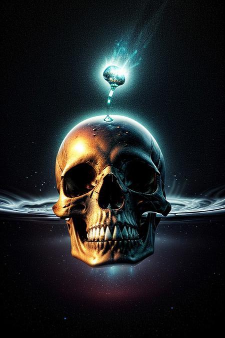 A close-up photorealistic image of a crystallic floating skull facing the viewer with its mouth open, pouring from it's mouth a shimmering liquid resembling the universe onto the ground, filled with rich stars and swirling galaxies. A simple void background enhances the dark atmosphere, shrouded in fog, capturing the hypnotic flow and shimmer of the cosmic liquid