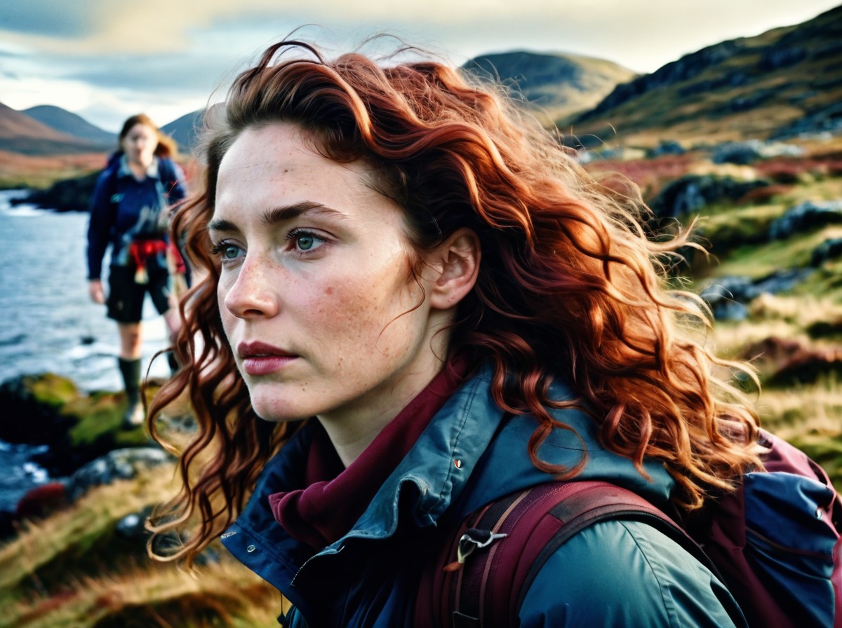 a vintage woman,Wavy hair,Maroon,looking away,rugged beauty of the Scottish Highlands is a paradise for outdoor enthusiast...