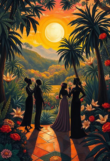 An opulent impressionistically painted garden, where luminous, baroque-style figures interact, their soft skin tones and elegant gestures contrasting with the vivid landscape., art deco influences, silhouetted figures, geometric patterns, vibrant yet muted color palettes, dynamic compositions, radiating lines, themes of African-American culture, historical and social commentary, spiritual symbolism, rhythmic movement, layered planes, storytelling through abstraction, cultural heritage, jazz-inspired energy, uplifting and progressive tone.