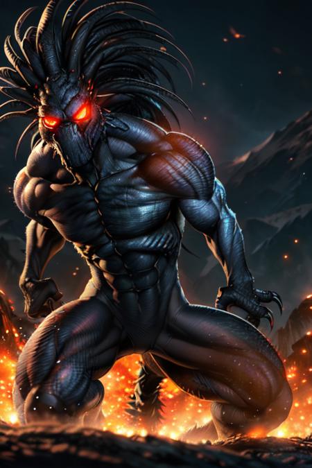 a man, squatting in the dark, no light, glowing red eyes, high detail skin, high detail eyes, high detail hair, highres, ultra detailed, sharpen picture, Highly detailed, masterpiece, best quality, photorealistic,  <lora:BlackheartLoRA:1> long hair, red eyes, 1boy, tail, muscular, colored skin, claws, monster boy,