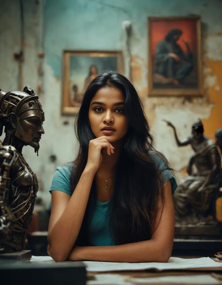 photography best quality, cinematic still, filmed by [David Fincher, Quentin Tarantino], therapy session, day, wide-angle shot, 35mm by Russ Mills, a 22 year old Indian girl with long hair, photo by Ashraful Arefin, Anna Nemoy, a sculpture by Antonio Canova <lora:add-detail-xl:0.2>
