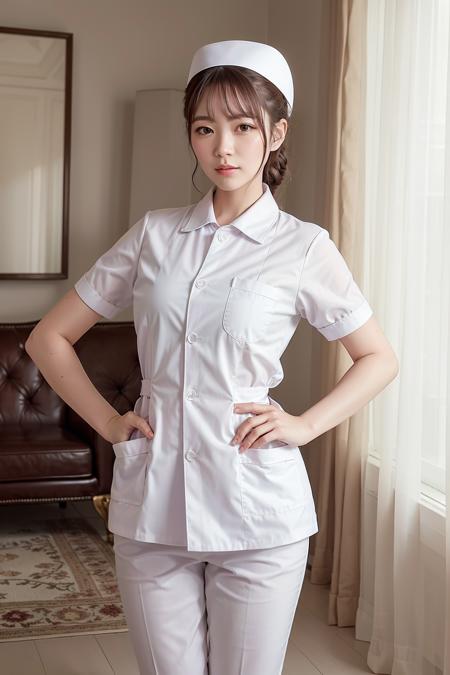 (photorealistic:1.4),(masterpiece:1.4),(best quality:1.4),ultra high res,HDR,8k resolution,detailed skin texture,detailed cloth texture,
aegyo sal,1girl,solo,slim waist,brown hair,medium breasts,smile,nurse,<lora:nurse_v30:0.7>,(collared white nurse_uniform:1.4),(white cardigan:1.3),short sleeves,hat,white nurse cap,white leggings,hand on hips,
(ulzzang-6500:0.5),<lora:Gini_S2:0.2:lbw=fach>,
dining room,living room,day time,indoor,windows,curtains,sofa,coffee table,television,photo frame,plants,flowers,