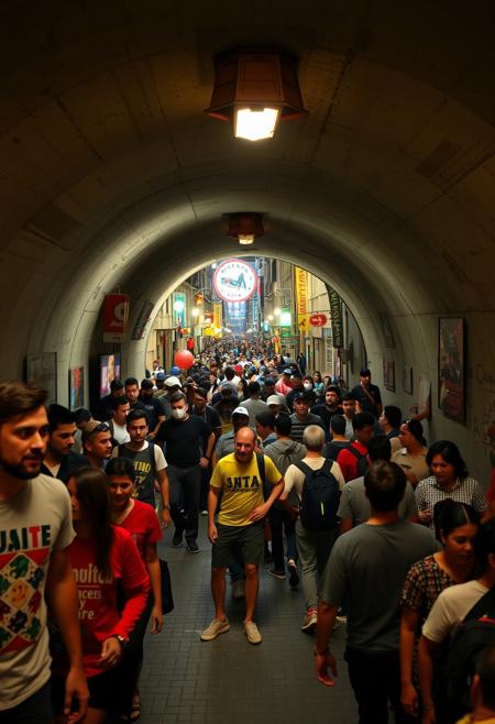 "A humorous scene in a make a tunnel that crosses the entire city.Spanish people  The scene is chaotic but full of energy and fun
