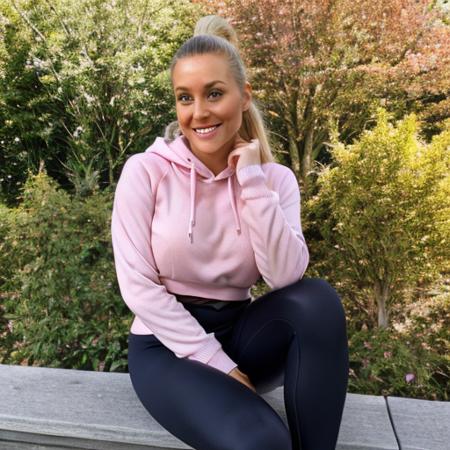 <lora:Kate_Trajkovska:0.6>, blonde hair, pink lips, perfect nose, round cheekbones, dimple, smile, black pupils, white crewneck sweater, detailed eyelashes, beautiful, masterpiece,  medium breast,  extremely detailed woman, outdoors, purple sports leggings, eyes,  standing,  ponytail, sitting, pink hoodie sweater, tanned skin, mature woman