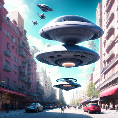 photo, an artist's rendering of a flying saucer over a city street (HoverCar style:1) <lora:djzHoverCarV21:1>