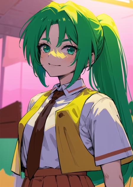 1girl, ponytail, green hair, long hair, green eyes, school uniform, collared shirt, red necktie, yellow vest, open vest, red skirt, smle,
upperbody, standing, looking at viewer, portrait, solo,
<lora:SonozakiMion-000014:1>, sonozaki mion,
 <lora:xlimo768:1>