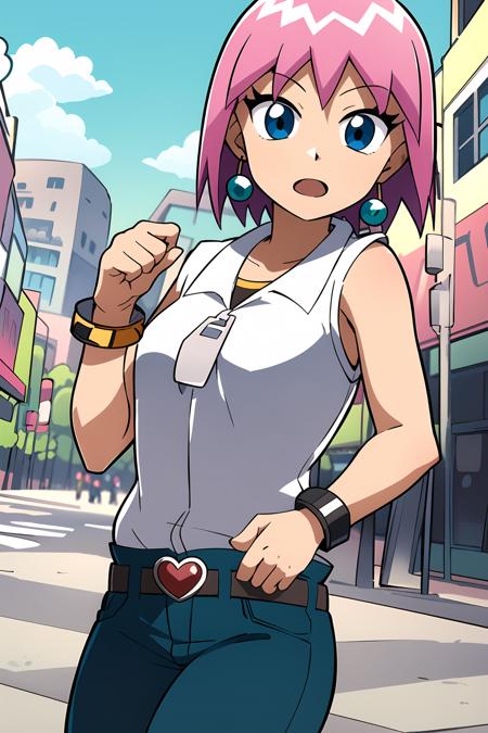 masterpiece, 1girl, beauty beauty \(bobobo-bo bo-bobo\), bracelet, pink hair, medium breasts, denim, city streets, outside, sunny, bright, open mouth, beautiful