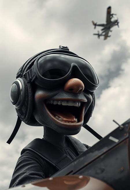 Character in the style of Gorillaz's Demon Days album|grey sky background|stark contrast|((pilot helmet))|eyes covered with dark glass frame|(style:1.5). Big mouth, smiling, wide smile, mouth wide open,
Riding plane, cloudy sky, grey sky, dark cloud, falling plane,
Full view, 
masterpiece, best quality, detailed, realistic, 8k UHD, high quality, lifelike, precise, absurdres, rendered in a cinematic, HDR style, 8K resolution
masterpiece, best quality, detailed, realistic, 8k UHD, high quality, lifelike, precise, vibrant, absurdres, SimplepositiveXLv1, sfw <lora:xl_more_art-full-beta1:0.7>