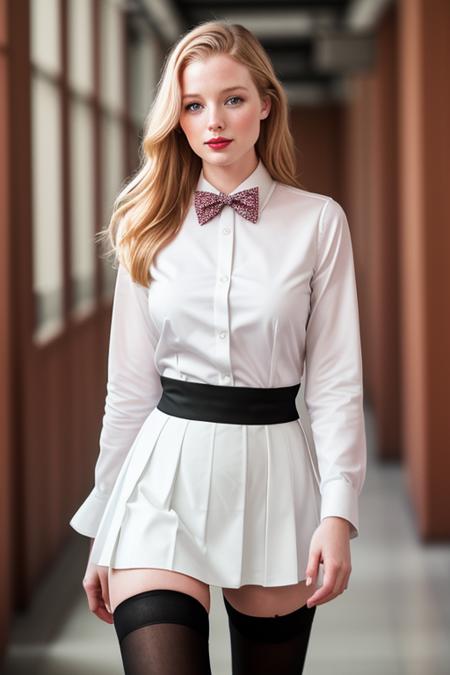 photo of a woman, racheln-2652:0.99, ((pale skin)), ((blonde hair):1.2), ((bowtie, skirt, thighhighs, white shirt):1.2),((cowboy shot, waist, hips, thighs):1.2),((school, hallway, walking):1.3),((red lipstick, eyeliner, eye shadow, blush):1.2), ((best quality, masterpiece, extreme details, high resolution):1.2),((detailed eyes, beautiful eyes, detailed face, beautiful face):1.2), photo of the most beautiful artwork in the world, professional majestic (photography by Steve McCurry), 8k uhd, dslr, soft lighting, high quality, film grain, Fujifilm XT3 sharp focus, f 5.6, High Detail, Sharp focus, dramatic