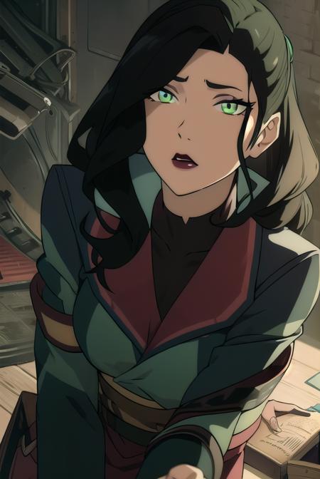 korraasami, <lora:asami-lora-nochekaiser:1>, 
asami, long hair, (green eyes:1.5), (black hair:1.5),
BREAK jacket, belt, makeup, lipstick, red lips,
BREAK looking at viewer,
BREAK outdoors, 
BREAK <lyco:GoodHands-beta2:1>, (masterpiece:1.2), best quality, high resolution, unity 8k wallpaper, (illustration:0.8), (beautiful detailed eyes:1.6), extremely detailed face, perfect lighting, extremely detailed CG, (perfect hands, perfect anatomy),