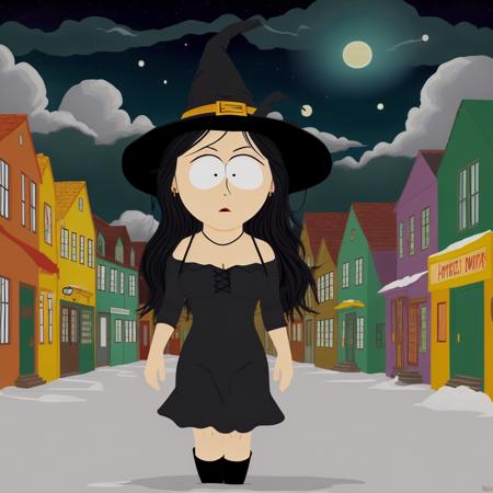 witch, black hat, long black hair, black dress, night sky with clouds, in the town, cartoon, south park style<lora:South Park Style:0.7>