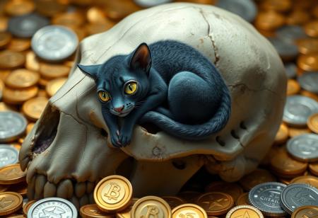 a tiny adorable panther curled up on a huge skull, short fur, large yellow cat eyes, displacer beast, 2 tentacles from shoulders, 6 legs, feline body, indigo fur, iridescent fur, Background gold and silver coins, treasure