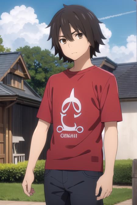 jintayadomi, <lora:jinta yadomi s1-lora-nochekaiser:1>,
jinta yadomi, black hair, male focus, (brown eyes:1.3),
BREAK shirt, pants, t-shirt, red shirt,
BREAK outdoors, house, fields, grass, sky, sun, clouds,
BREAK looking at viewer, (cowboy shot:1.5),
BREAK <lyco:GoodHands-beta2:1>, (masterpiece:1.2), best quality, high resolution, unity 8k wallpaper, (illustration:0.8), (beautiful detailed eyes:1.6), extremely detailed face, perfect lighting, extremely detailed CG, (perfect hands, perfect anatomy),