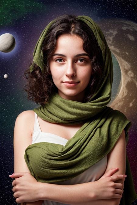 A young woman with olive skin, dark curly hair, and a green shawl draped over her head and shoulders. She has a serene expression and is surrounded by a colorful, dreamlike background with moons, stars, and glowing orbs