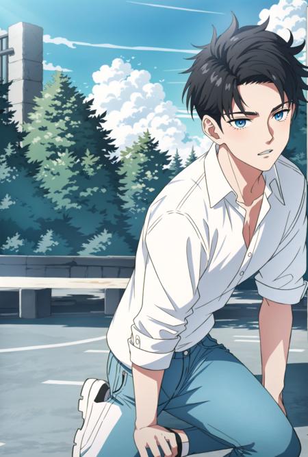 1boy, black hair, white collared shirt, jeans, sneakers, spiked hair, blue eyes, park, outdoors, day,