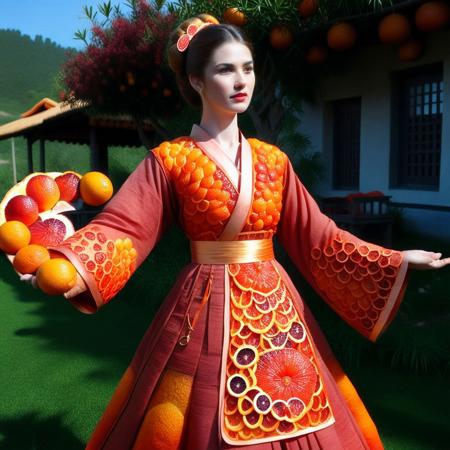 blood orange style, score_10 , score_9, score_8_up, score_8, Masterpiece, High Details, HD, 8K, Photorealistic, perfect, High Quality, 1girl, asian, branch, brown eyes, brown hair, orange trees, chinese clothes made of blood oranges, collarbone, day, dress made of blood oranges, blood oranges earrings, blood oranges flower, grass, hair bun, blood oranges hair flower, blood orange hair ornament, hanfu made of bloods orange, jewelry, light skin, lipstick, long hair, long sleeves, looking at viewer, makeup, mountain, nature, outdoors, petals, orange lips, orange an red hanfu made of blood oranges, river, single hair bun, sitting, sky, sleeves past wrists, solo, tree, water, wide sleeves, orange and red robe made of blood oranges, yokozuwari