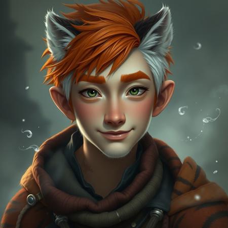 An asian teen man with a wide flat nose, half smile, furry skin, orange hair, green eyes, no sclera, fuzzy ears, shaggy eyebrows,  white sideburns, gypsy clothing, surrounded by mist and floating silver wisps, tiger stripes