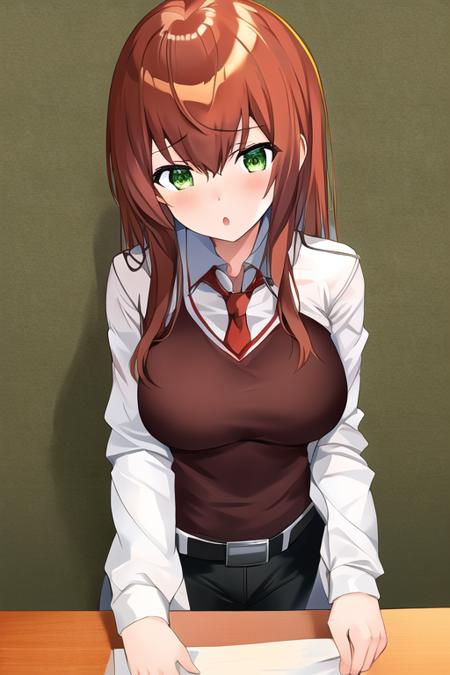 ultra detailed, makise kurisu, 1girl, green eyes, <lora:makise kurisu:0.8>, upper body,