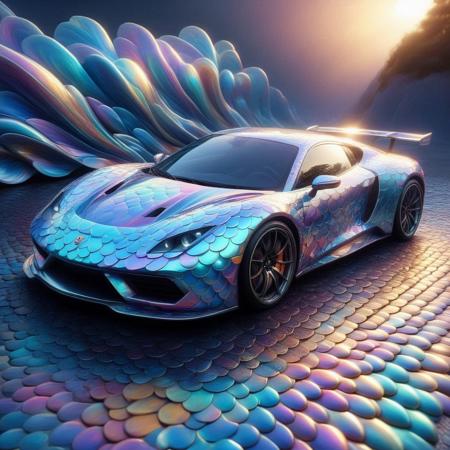 p1nk1r1sc4l3s, a sportscar made out of iridescent scales, masterpiece, best quality, highly detailed, sharp focus, dynamic lighting