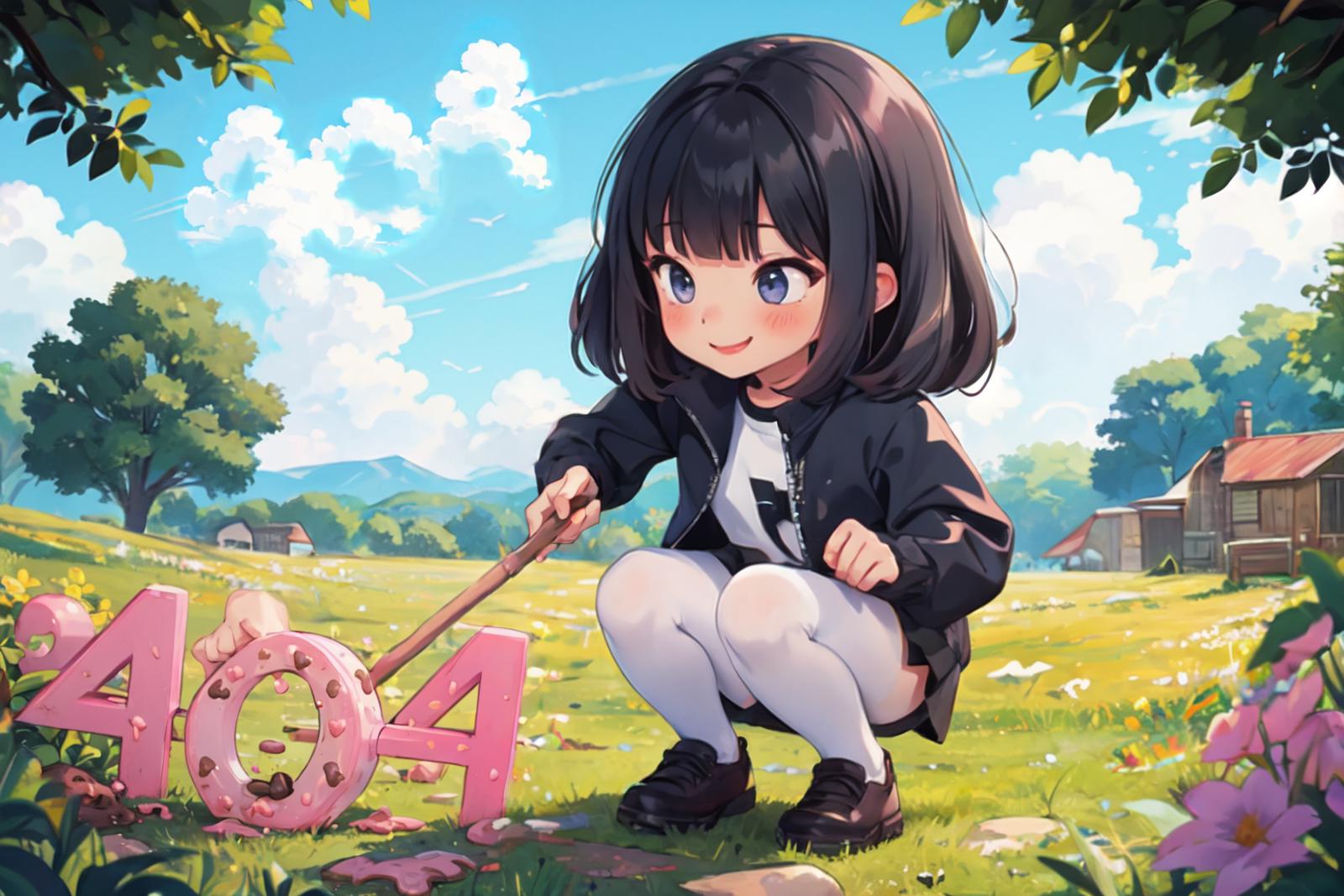 A young girl in a black jacket and white t-shirt is sitting on the grass.