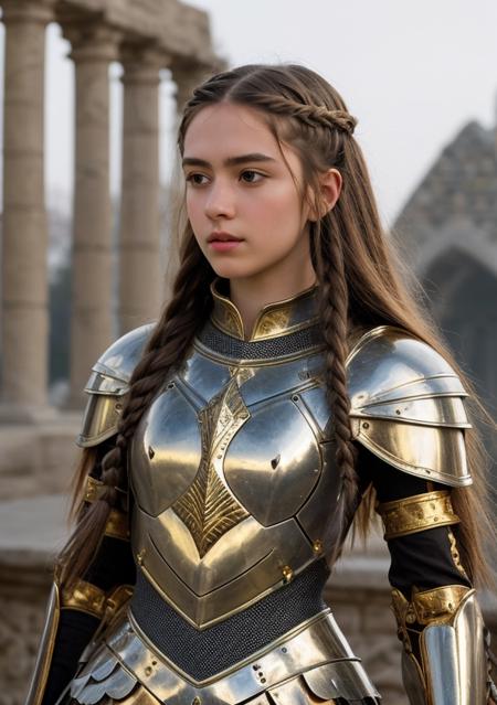 realistic, beautiful cute girl knight, long braided fringe hair, in a armor with weapon made of Gemstone with and pearl with gold marble abstract modern , at the battle grounds, 4k, sharp, very detailed, high resolution luxurious with shield, good hand,