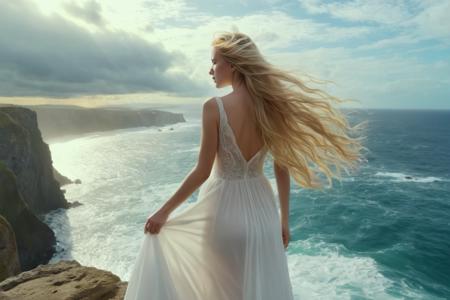 masterpiece,4k,beautiful woman with long blonde hair stands on top of a cliff over the ocean,huge waves are crashing against the cliff,the sky is cloudy with rays of sunlight coming through,dramatic scene,wearing a flowing white dress that blows in the wind,hair and dress blowing in the wind,from below,wide shot,