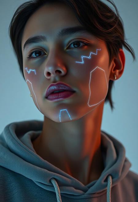 classic streetwear, subdermal LED accents, (internal LED glow:1.5) beneath the skin, (embedded LEDs:1.6) forming minimalistic light patterns, (natural skin tone:1.4), (sleek hoodie:1.3), (modern sneakers:1.3), soft lighting beneath the skin, high-definition, smooth transitions of light beneath the skin, subtle light accents highlighting facial features, ultra-realistic skin textures, (refined style:1.4), (light integrated into skin:1.5), bold but elegant, modern and minimalist subdermal fashion, tech-enhanced beauty, (worn jewelry:-1.7), (visible accessories:-1.7), (unnatural glow:-1.6), seamless light diffusion, high-resolution, advanced subdermal fashion