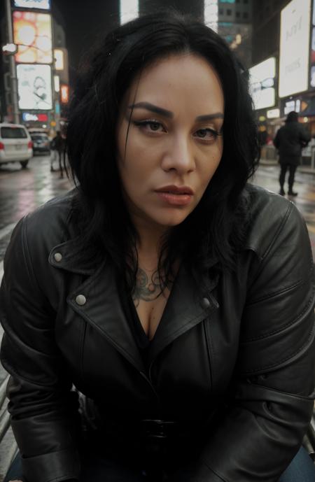 8K, HDR, Queen Rogue, masterpiece, best quality, 1girl, black eyes, looking at viewer, tattoos:1.3, black hair, closed mouth,  short hair, background: newyork times square, raining , solo, upper body, wearing a black leather jacket and jeans,  <lora:Queen Rogue-000006:1>