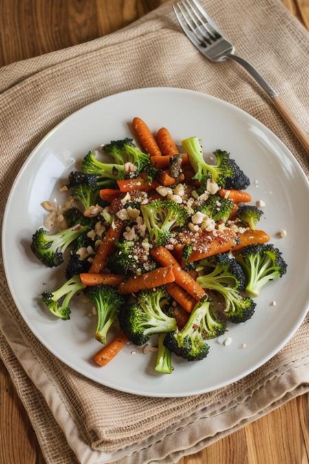 <lora:Yummy2:1>, yummy a plate of food with carrots and broccoli, beautiful light, studio light, masterpiece, warm colors, color grading