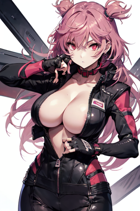 AoiHidaka, 1girl, solo, long hair, large breasts, red eyes, gloves, cleavage, pink hair, fingerless gloves, collar, bodysuit, unzipped, 