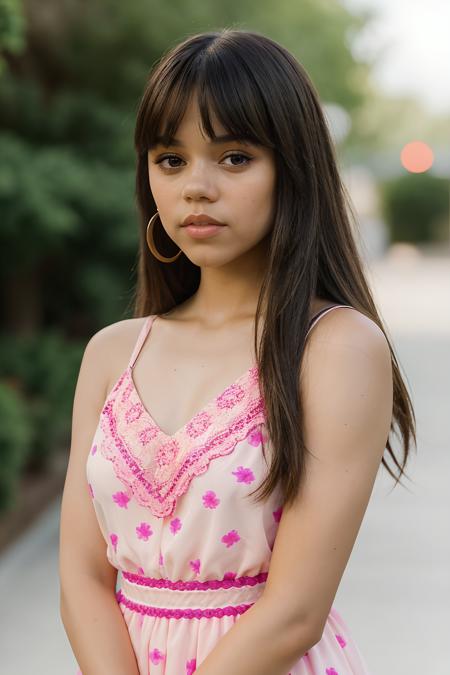 jenna orterga, jenna_ortega_v4 wearing summer dress, skinny, bangs, long hair, 
pink summer dress, 
head shot, close up, upper body, simple solid background, mid-twenty, age:21, 21 year old, portrait, 
<lora:Jenna_Ortega_V2:0.7>,