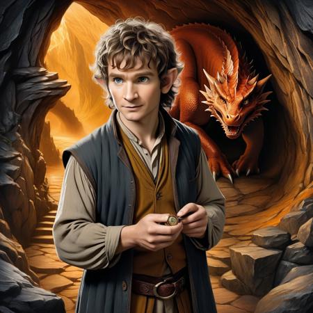 Bilbo Baggins at the entrance of Smaug's lair, holding Sting and the One Ring in his hand. He is dressed in travel-worn clothes, with a look of determination and curiosity. The background shows the dimly lit, treasure-filled cave with Smaug’s massive silhouette lurking in the shadows.
pencil shading,charcoal drawing,tinted paper,pencil drawing,brutal dark b/w color scheme,A striking ultra HD charcoal drawing,overall composition is a perfect balance of intricate and insanely detailed elements
(best quality,4k,8k,highres,masterpiece:1.2),ultra-detailed,(realistic,photorealistic,photo-realistic:1.37),UHD,professional,extreme detail description,sharp focus,physically-based rendering