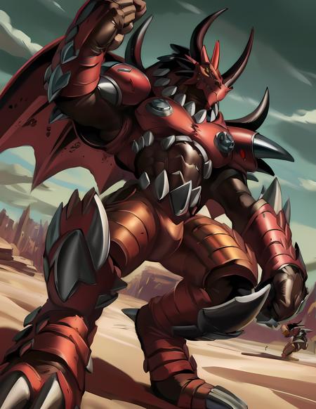 Dorbickmon Digimon no humans yellow eyes spikes horns dragon monster wings sharp claws tail single horn