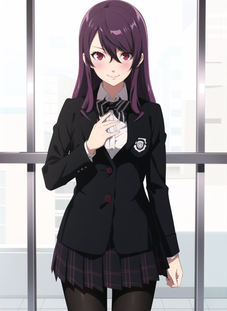 persona5 anime style, yoshizawa sumire, 1girl, alternate hairstyle, black bow, black bowtie, black jacket, black pantyhose, blue flower, blush, bow, bowtie, breasts, buttons, closed mouth, flower, hair between eyes, hair down, jacket, long hair, long sleeves, looking at viewer, medium breasts, miniskirt, own hands together, pantyhose, plaid, plaid skirt, plant, pleated skirt, purple flower, red eyes, red hair, school uniform, shirt, shuujin academy school uniform, skirt, smile, solo, uniform, upper body, white shirt, ((masterpiece))  <lora:persona5_anime_style_offset:1>